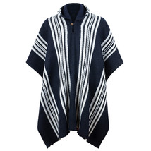 Llama Wool Mens Unisex South American Hooded Poncho Jacket Striped Midnight Blue - £62.09 GBP