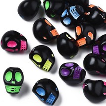 20 Skull Beads Black Acrylic Gothic Halloween Jewelry Supplies Set 10mm Neon - £4.42 GBP