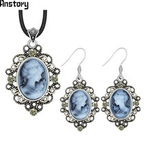 Lady Queen Cameo Necklace Earrings Jewelry Set Retro Craft Crystal Fashion Jewel - £17.36 GBP