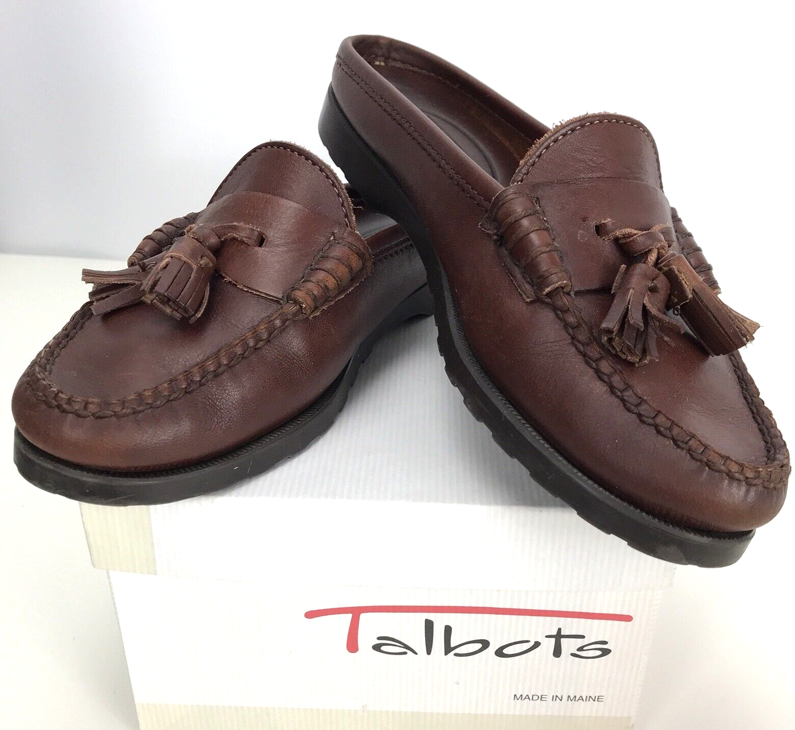 Primary image for Talbots 5.5 Shoes Slip On Flats Slide Tassel Brown Leather Mule No Back Loafer
