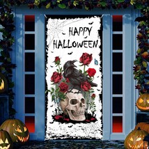 Halloween Door Banner Skull Rose Crow Happy Halloween Door Cover Party Decoratio - £20.77 GBP