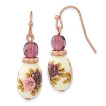 1928 Rose-tone Dark Purple Crystal and Floral Decal Dangle Earrings BF188 - $50.23