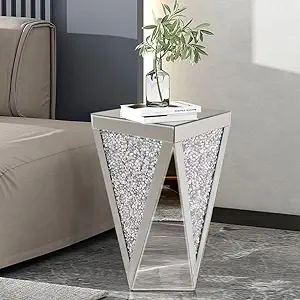Silver Mirrored End Table, Crystal Inlay Side Table Accent Table, Small ... - $313.99