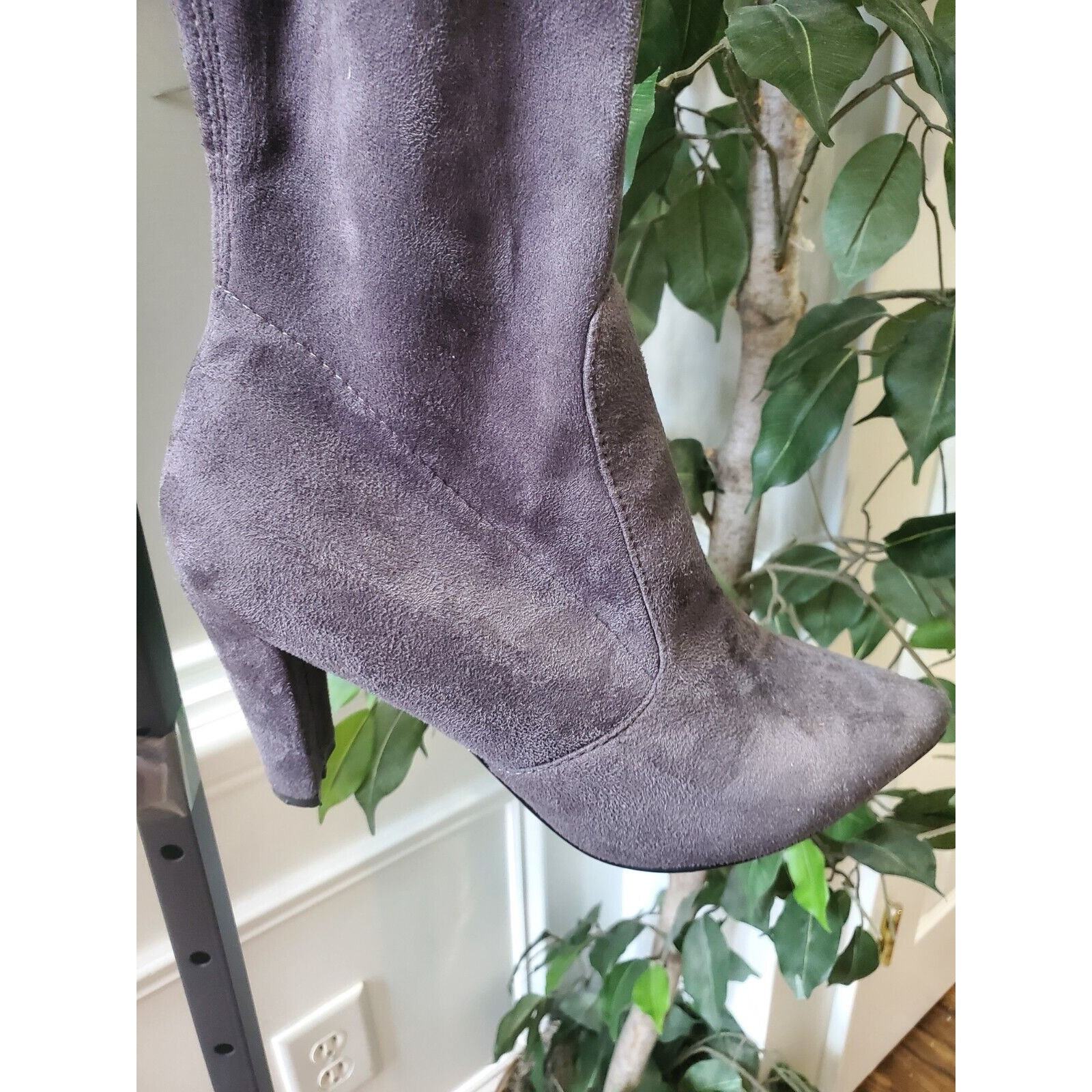 Gray Women's Suede Leather Pointed Toe Block Heel Knee High Boots Size 41 (9.5) Item image 7