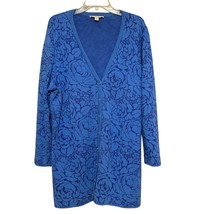 Isaac Mizrahi Live Womens Sweater Blue 1X Floral Cardigan Button Long Sleeve - £19.47 GBP