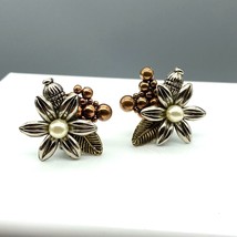 Vintage Mixed Media Floral Earrings, Two Tone Flowers with Faux Pearl Ce... - $37.74