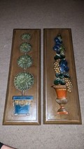 Set 2 Vintage Burwood Textured Resin Wall Hangings 3-D Potted Tree Mcm 20&quot; X 6&quot; - £45.88 GBP