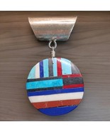 Round Multistone Inlay work pendant placed on wooden back, old Silver Bail - $68.38 CAD