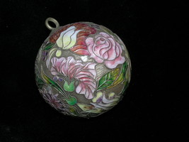 Vintage ASIAN Chinese Export Enamel Rose Poppy Flower Silver Metal Ball Ornament - £37.06 GBP