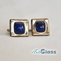 Cufflinks handmade blue bubble glass decorated with platinum, square - $25.90