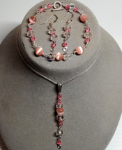 Solid Sterling 925 Silver Jewelry Set Orbital Pink Necklace Earrings Bra... - $37.62