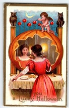 Halloween Postcard Pumpkin Mirror Cherub Moon Owl Cat Apples Women Vintage 1909 - $85.50