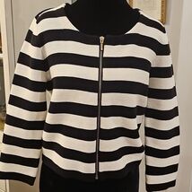 ELLE Black &amp; White Parisian Stripe Zip Cardigan Size Medium Preppy Coastal - $23.76