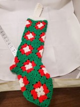 Vintage Hand Crocheted Green Red White Granny Square Christmas Stocking 24” - £15.10 GBP