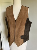 VINTAGE Brown Suede Leather Zip Up Vest  Lined Women&#39;s Milano L - $21.78
