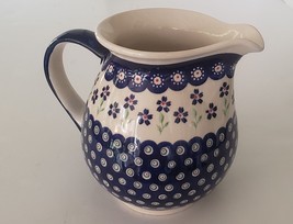 Polish Pottery Stoneware Boleslawiec Blue Flower Floral Rose Dot 7&quot; Pitcher - £43.92 GBP