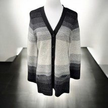 Hannah Women’s Gray black striped Cardigan sweater button down long slee... - $22.11