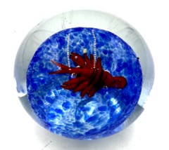 Hand Blown Art Glass 3&quot; Paperweight  &quot;Red Lobster Blue Sea” - £31.45 GBP