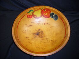 Vintage Large Hand Painted Footed Wood Dough Bowl 13.5 In. - $32.00