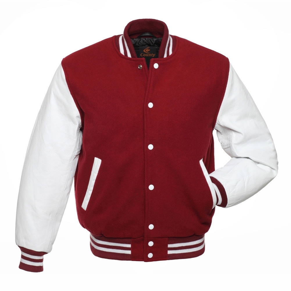 Varsity Letterman Bomber Baseball Maroon Body & White Leather Sleeves Jacket