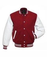Varsity Letterman Bomber Baseball Maroon Body & White Leather Sleeves Jacket - $59.98
