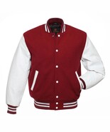 Varsity Letterman Bomber Baseball Maroon Body &amp; White Leather Sleeves Ja... - £47.19 GBP