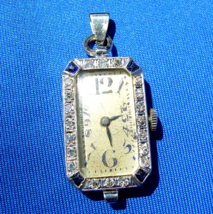 Earth mined Diamond Sapphire Deco Watch Antique Platinum Statement Pendant 1920s - $4,262.63 CAD
