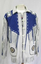 Mens Western Cowboy Beige Suede Leather Fringe Bones Red Beaded Jacket BEJ113 - £100.85 GBP+