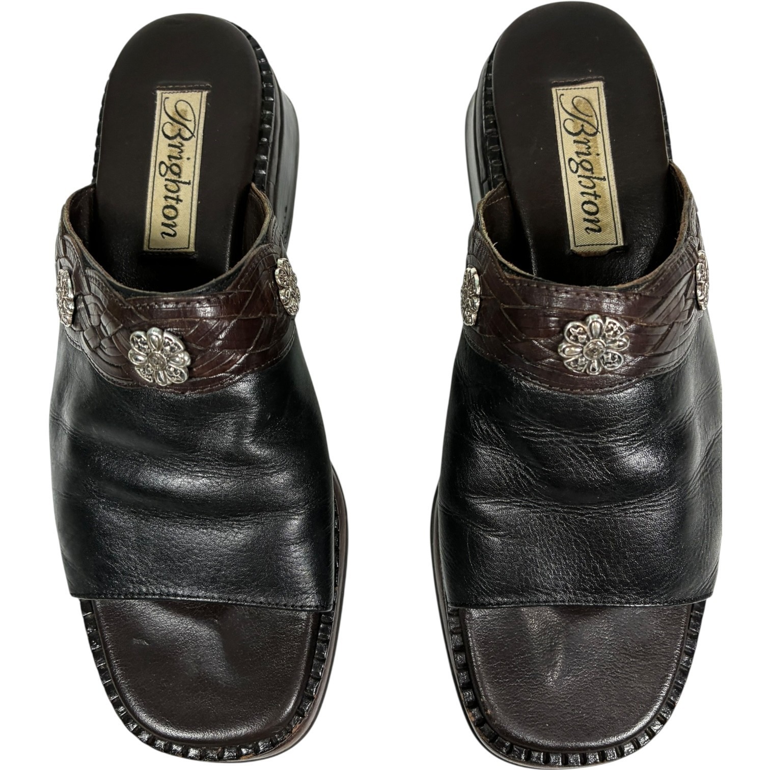 Brighton Winter Black/Brown Leather Slip-on Mule Clogs Floral Accents women's 7M Item image 5