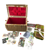 Vintage Sewing Box  Woven Wicker Basket Floral Tapestry Top w Handle - $54.44