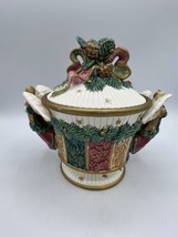 FITZ AND FLOYD Christmas Angel Damask Pinecones Candy Bowl with Covered Lid 1995 - £18.22 GBP