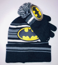 Batman Kids Winter Hat Gloves Cap Black Yellow Logo White Stripe Knit Ta... - £6.99 GBP