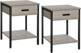 Iwell Nightstand Set Of Two, End Table With Metal Frame, Bedside Table, Grey. - £51.47 GBP
