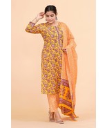 Trendy Womens Yellow Flower Print Cotton Stitched kurti pant with dupatta - $49.99