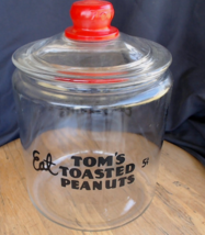 Vintage Eat Tom&#39;s Toasted Peanuts 5 cent Jar Red Nob &quot;Tom&#39;s&quot; Embossed Gl... - $123.75