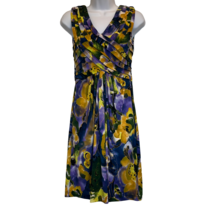 Adrianna Papell Womens 4 Yellow Purple Floral Print Pleated Cocktail Dress - $28.04