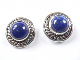 Lapis Lazuli 925 Sterling Silver Round Stud Earrings with Accented Perimeter - £12.22 GBP