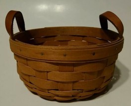 Longaberger Small Round Button Basket 6 3/4” x 3 1/2” Leather Handles 1993 - £10.40 GBP