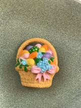 Hallmark Tan Easter Basket w Colorful Eggs &amp; Pink Ribbon Plastic Brooch ... - $9.49