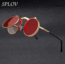 Vintage Steampunk Flip Sunglasses Retro Round Metal Sun Glasses - £12.96 GBP