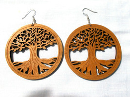 Light Brown Wood Tree Of Life Cut Out Xl Rounds 3&quot; Long Pair Of Earrings Element - £5.90 GBP