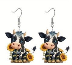 Cow Earrings Cow Sunflower Dangle Earrings  - $5.86