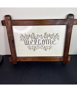 Vintage Framed Cross Stitch Welcome Sign 12x16” Floral Wood Glass Frame - €36,88 EUR