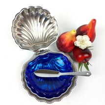 Vintage Silver Plated Shelle Butter Dish with Cobalt Blue Glass Liner &amp; ... - $81.60 CAD