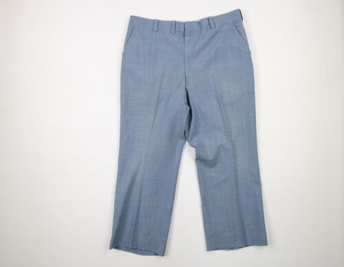 Primary image for Vintage 70s Mens 36x26 Chambray Knit Wide Leg Bell Bottoms Chino Pants Blue USA