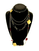 Asymmetrical Red Glass Beads Necklace Vintage Goldtone 4 Strand Heart Hang Tag - £18.13 GBP