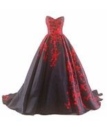 Kivary Gothic Black Satin and Red Lace A Line Long Prom Wedding Dresses ... - £147.46 GBP