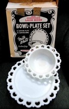 Vintage Anchor Glass Milk Lace Bowl Plate Set W Box Old Fashioned Lace Edges - $89.05