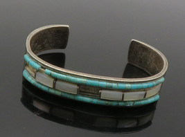 ZUNI 925 Silver - Vintage Mother Of Pearl &amp; Turquoise Cuff Bracelet - BT5731 - £154.63 GBP