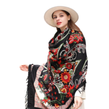 Anyyou 100% Merino Wool Black Silk Satin Floral  Silk Satin Large Winter Scarf - £69.13 GBP